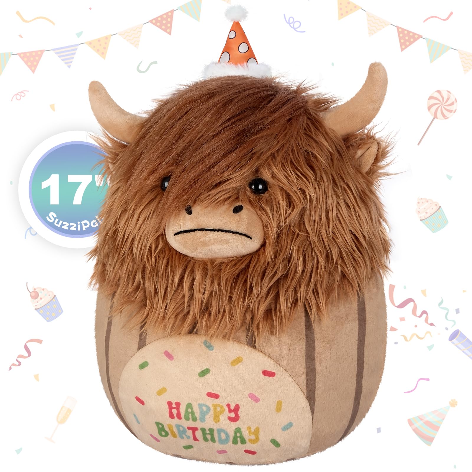 Suzzipals 17 Inch Happy Birthday Highland Cow Stuffed Animal Plush Pillows, Soft Cow Pillow Cow Plushies Room Decor, Cows Plush